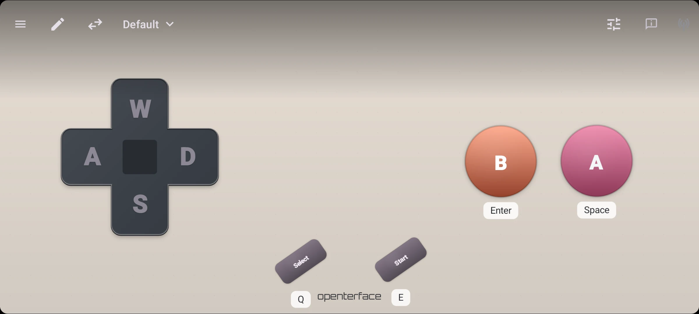 KeyCmd gamepad Default preset, WASD D-pad with A and B face buttons